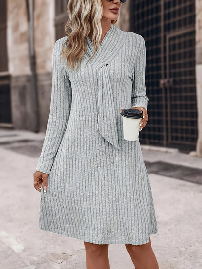 Elegant Aline Dress - Exquisite Solid Tie Decor, Flattering Long Sleeves, Slim-Fit Design, Versatile for Spring and Fall - Womens Clothing for a Sophisticated Look