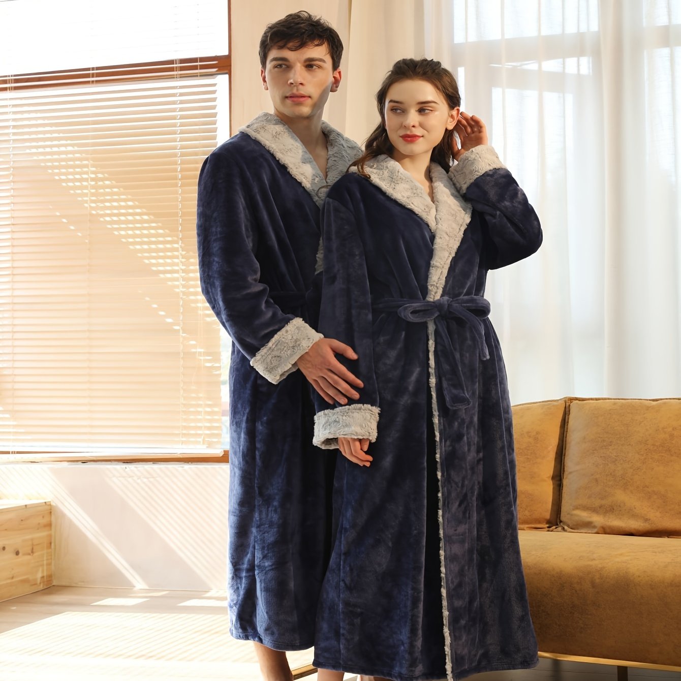 Men's Comfy Solid Fleece Robe Lapel Collar Home Pajamas Wear With Pocket One-piece Lace Up Kimono Night-robe Warm Sets After Bath