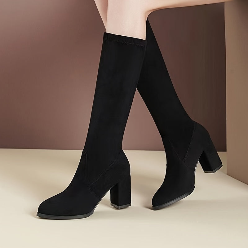 Elegant Stretchy Knee-High Boots, Mid-Heel with Pointed Toe, Solid Color Flannel, Winter Chic Slip-On