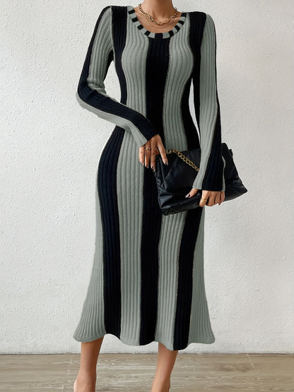 Vibrant Striped V-Neck Midi Dress - Elegant Long Sleeve, Bodycon Sheath Design, Comfortable Spring & Fall Essential, Women's Formal Clothing for Work, Date Night or Special Occasions