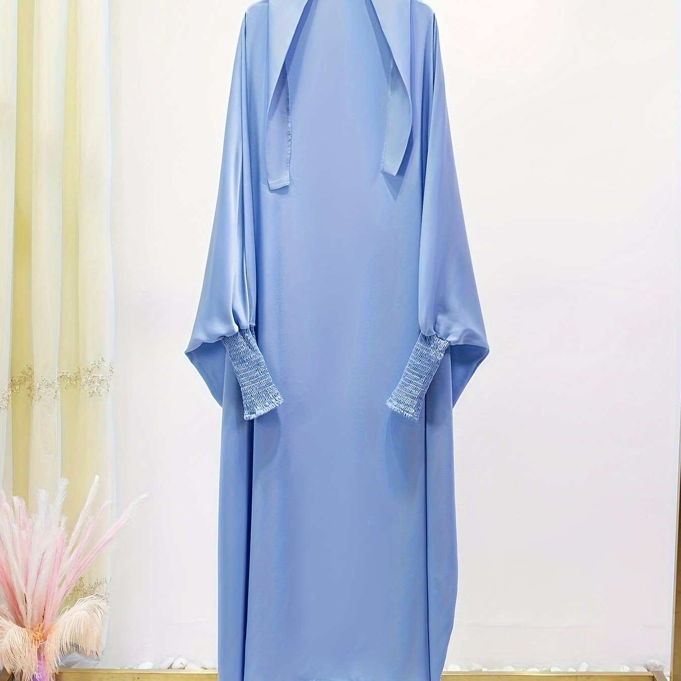 Solid Color Crew Neck Kaftan Dress, Modest Batwing Sleeve Maxi Dress, Women's Clothing