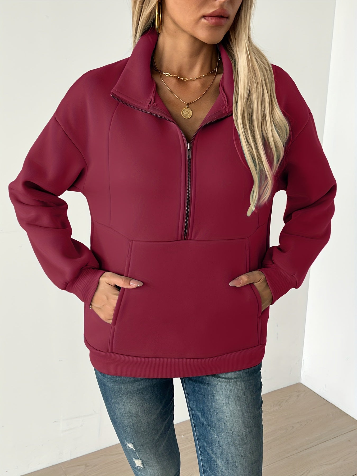 Cozy Solid Half-Zip Pullover Sweatshirt - Soft, Casual, Long Sleeve, Kangaroo Pocket, Fall & Winter Essential - Women's Comfortable Clothing for Chilly Days