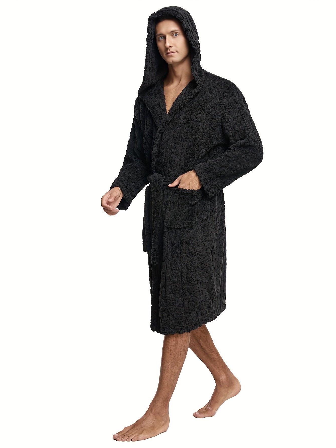 Men's Comfy Solid Fleece Robe Home Hooded Pajamas Wear With Pocket, One-piece Lace Up Kimono Night-robe Warm Sets After Bath