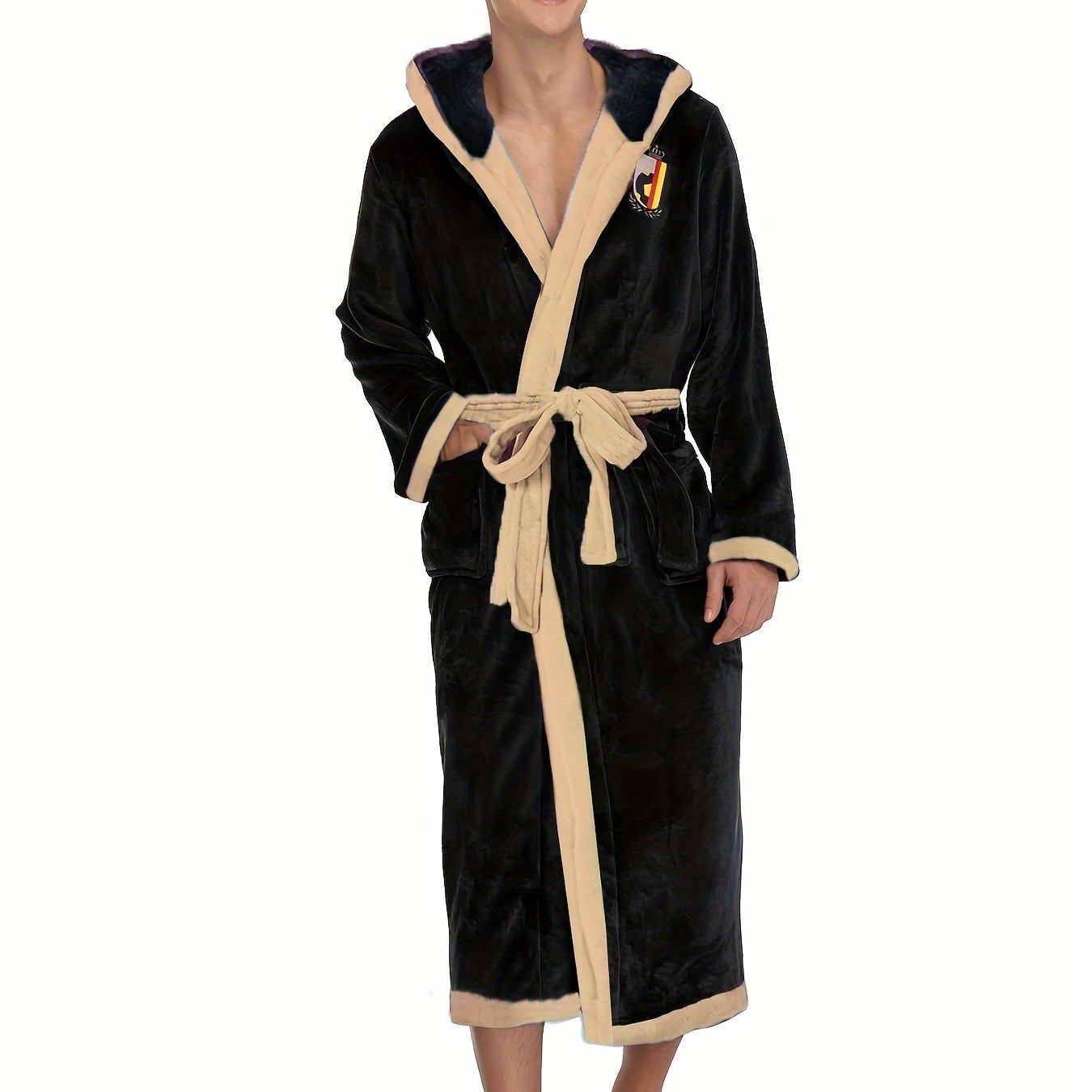 Men's Comfy Color Block Flannel Robe Home Letter Embroidered Hooded Pajamas Wear With Pocket & Hair Dry Hat, One-piece Lace Up Kimono Night-robe Warm Sets After Bath