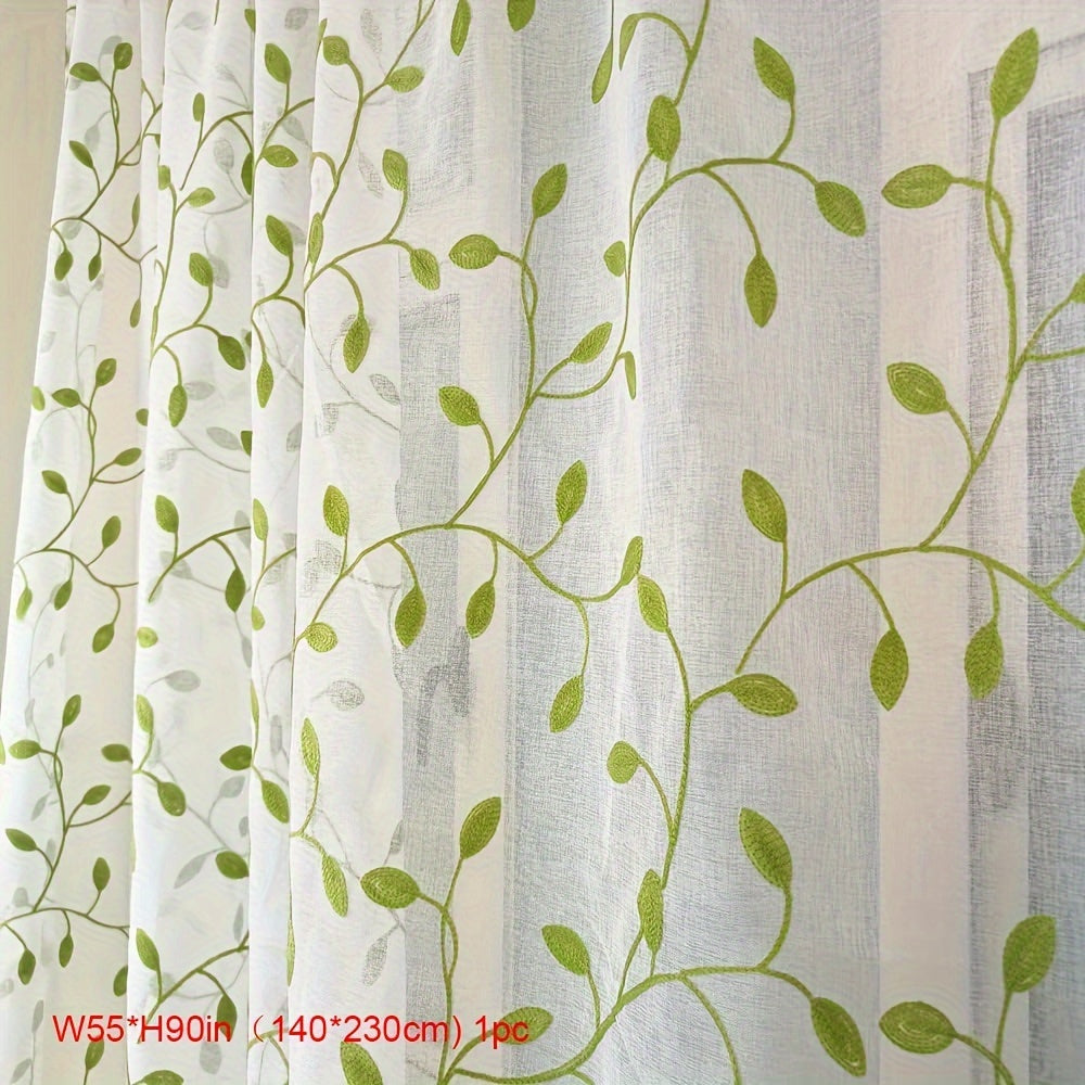 1pc Green Leaf Embroidered Sheer Curtain - Breathable Rustic Voile Panel for Bedroom, Kitchen, Balcony, Living Room, and Home Decoration with Elegant Embroidery Design