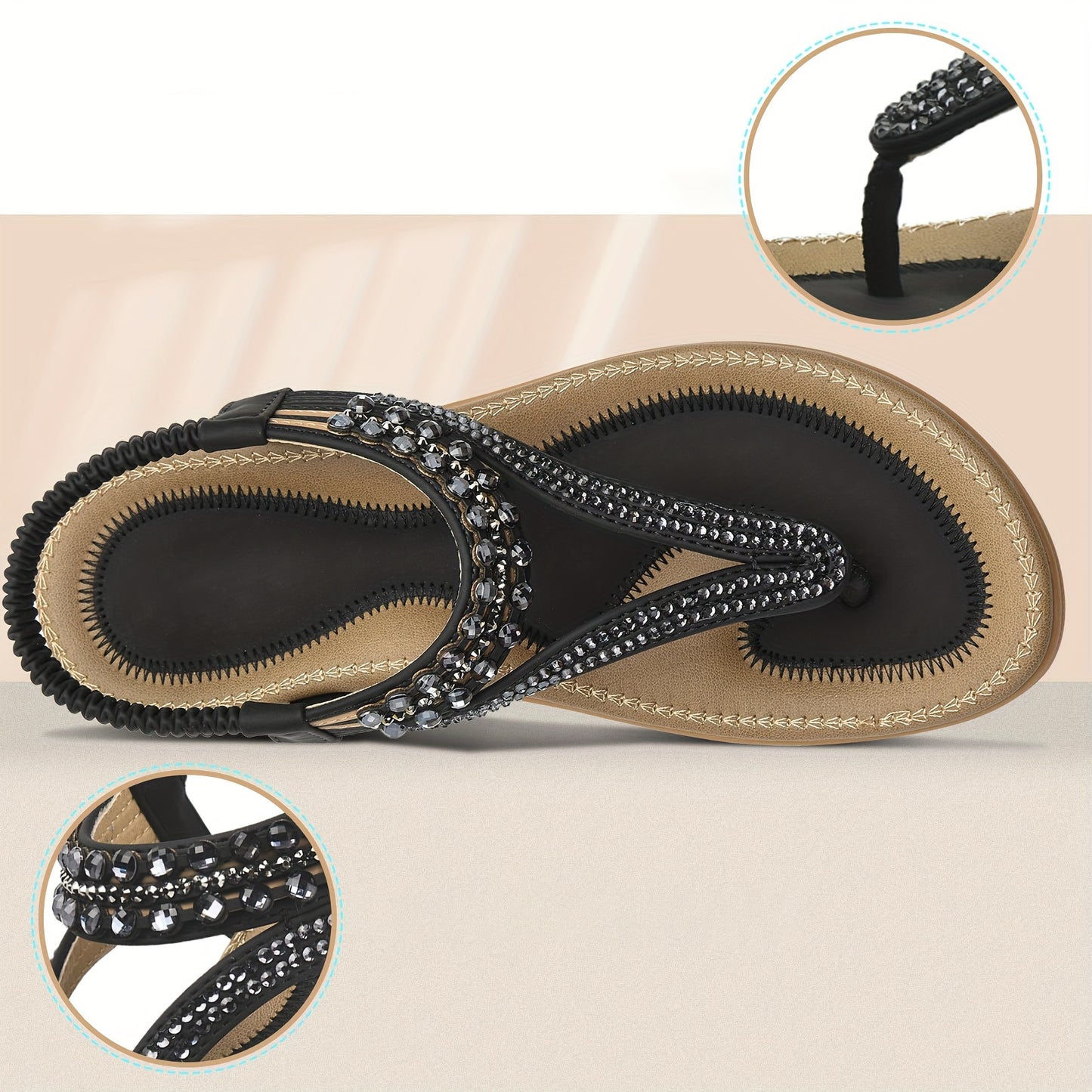 Rhinestone Arch Support Sandals - Comfortable Dressy T-Strap Thong Flat Sandals for Women - Casual Wear, Breathable, Adjustable Strap, Slip-Resistant Outsole, Perfect for Summer Outings and Special Occasions