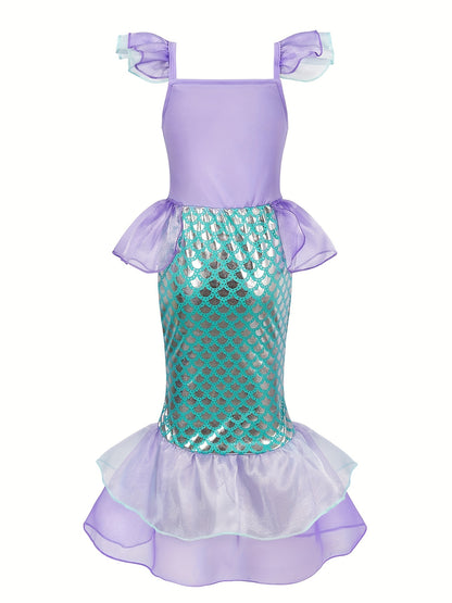 Girl's Mermaid Princess Dress With Accessories Set, Sequin Decor Mesh Ruffled Dress, Fairy Tale Character dress, For Halloween Holiday Party Prom Birthday Performance