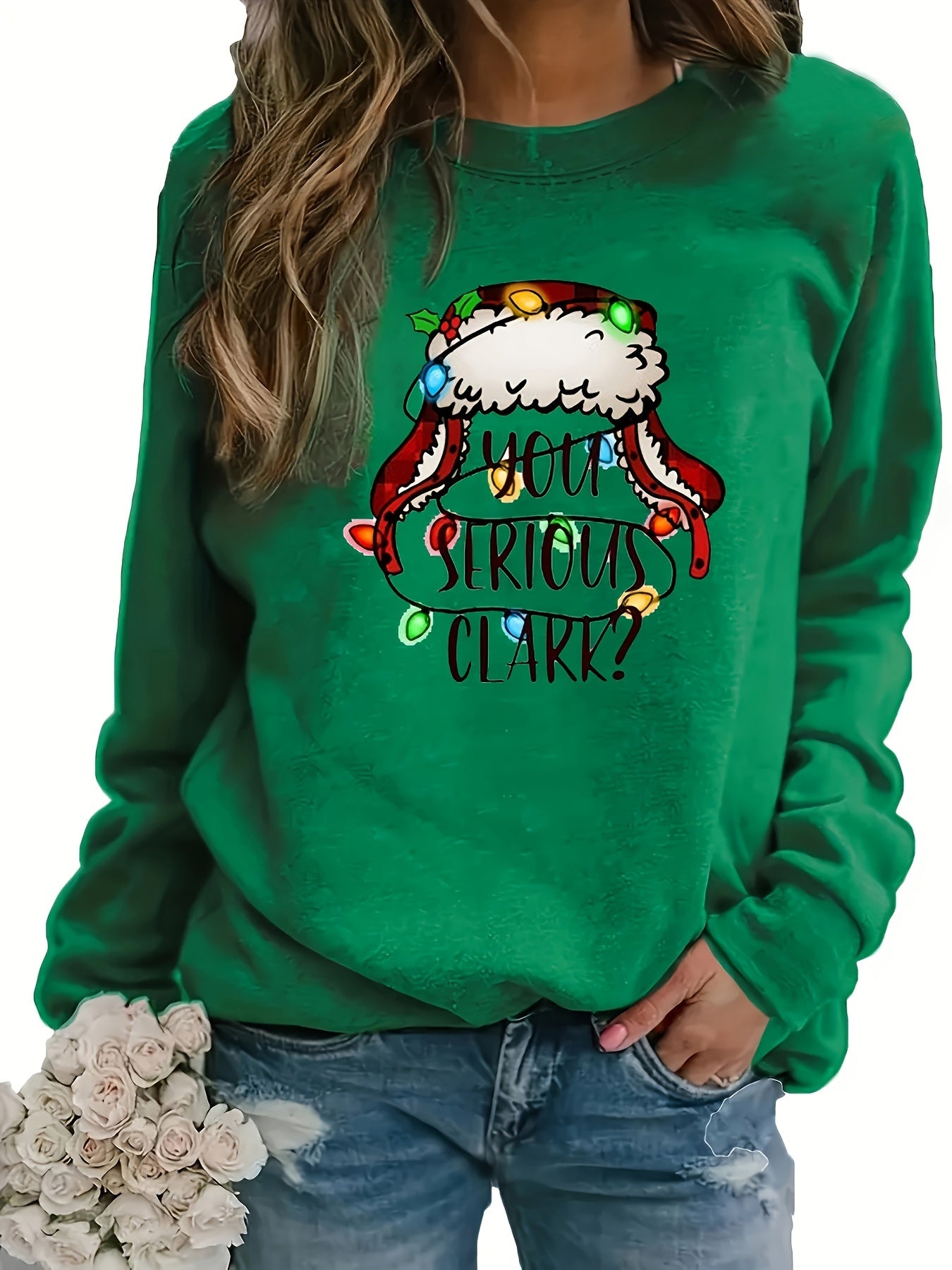 Cozy Festive Graphic Print Crew Neck Sweatshirt - Soft Casual Long Sleeve Drop Shoulder Design, Relaxed Fit, Women's Winter Clothing for Holiday Season