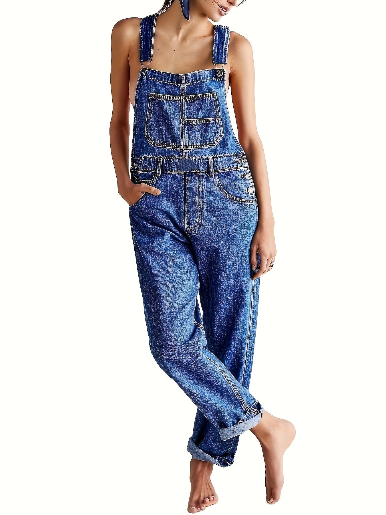 Elegant Women's Denim Overalls with Geometric Pattern - Cotton Blend, Machine Washable