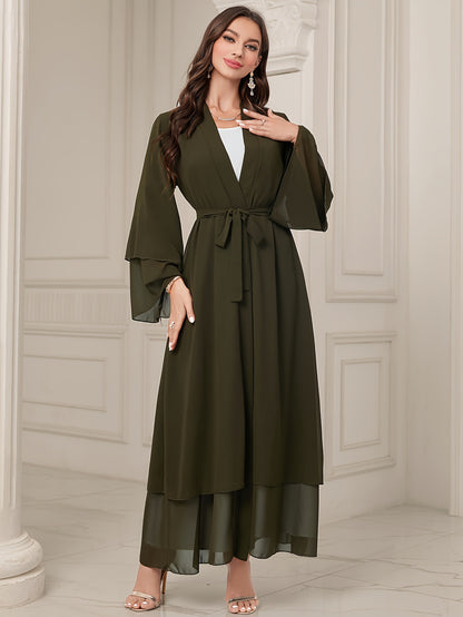 Long Sleeve Elegant Modest Cover Up Dress - Semi-Sheer, Solid Color, Polyester, Loose Fit, Middle East Style, Woven, No Elasticity, Perfect for All Seasons