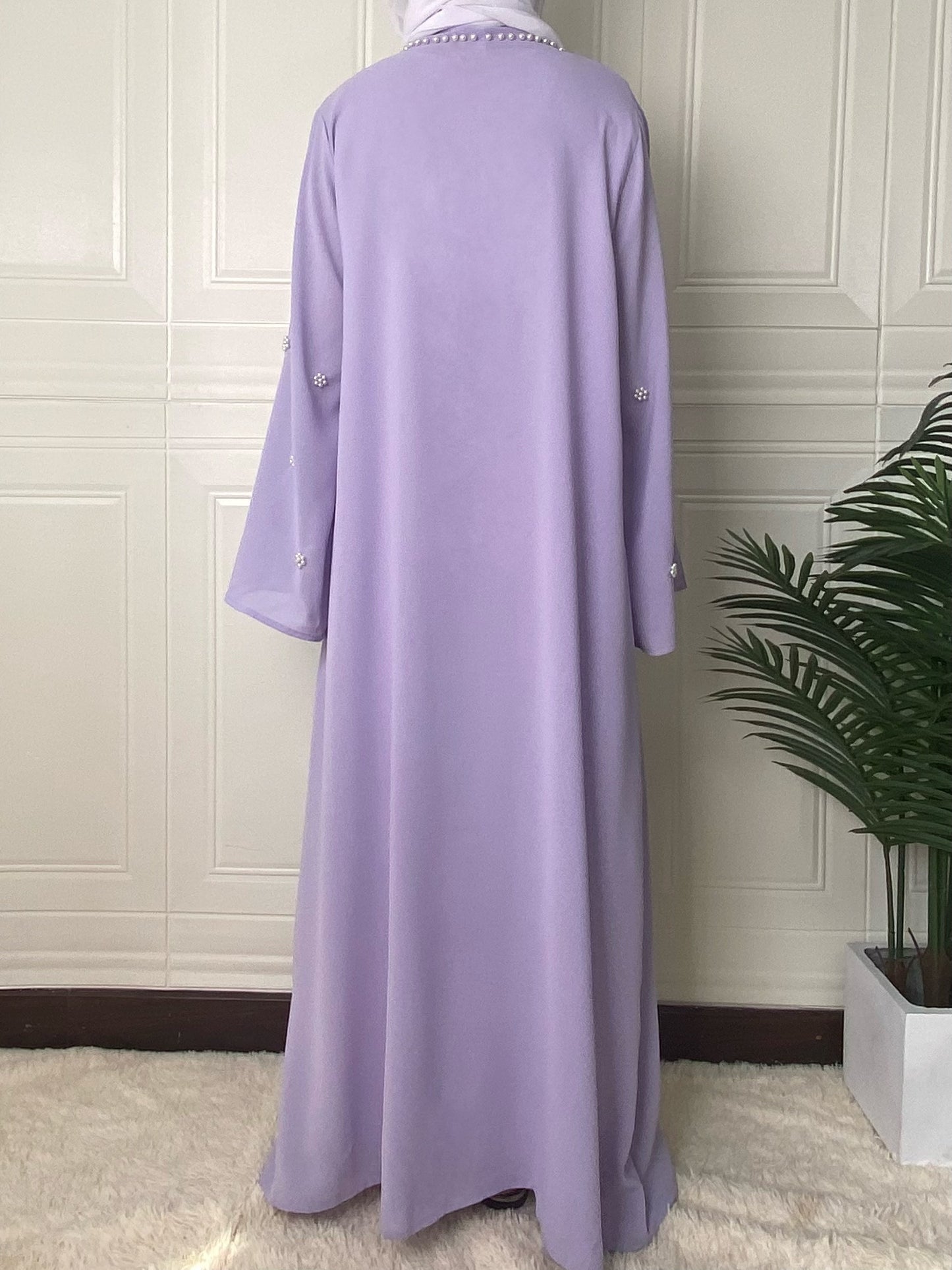 Ramadan Glamour - Solid Beaded Open Front Burqa Maxi Dress with Belted Waist - Timeless & Elegant Womens Clothing for Ramadan