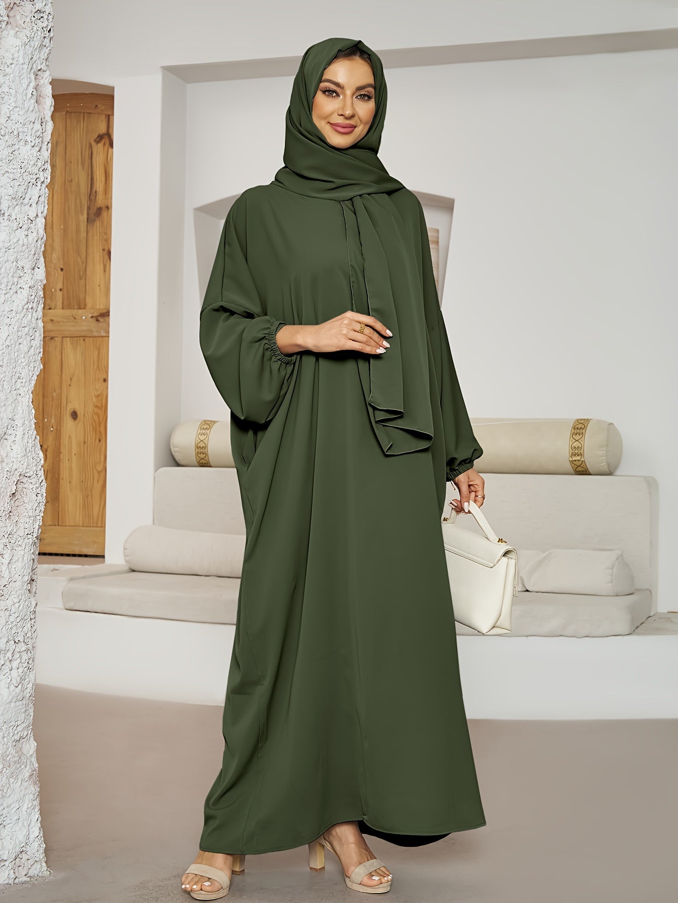 Chic Solid Color Kaftan Dress with Integrated Headscarf - Elegant Long Sleeve Maxi for Women - Flattering, Flowy, and Alluring Style