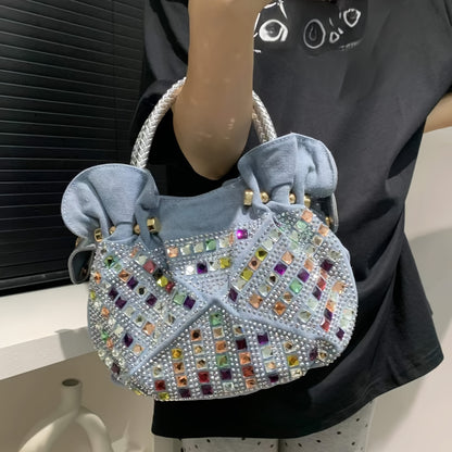 Elegant Mini Denim Crossbody Bag with Colorful Rhinestone Accents, Detachable Strap - Chic Women's Fashion Handbag