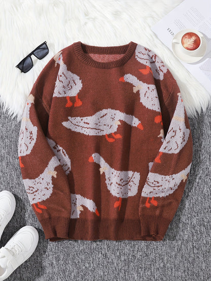 Mens Long Sleeve Cartoon Goose Pattern Crew Neck Sweater - Soft Slight Stretch Polyester Fabric, Regular Fit, Hand Washable - Perfect for Casual Daily Wear in Spring and Fall