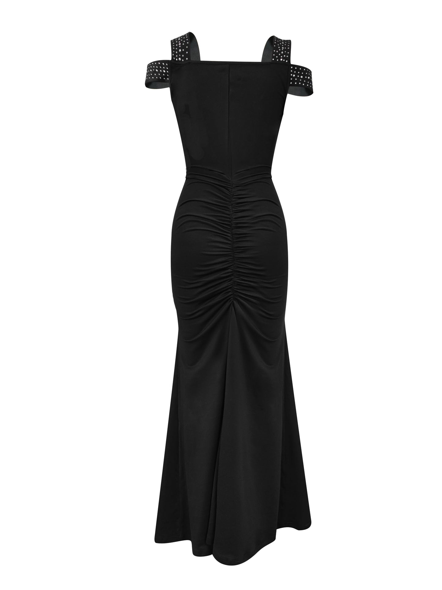 Strapless Cold Shoulder Rhinestone Bodycon Bridesmaid Dress - Elegant, Mid-Elastic Polyester Fabric, Solid Color, Casual Style, Perfect for Wedding Party, Evening, Occasion, Engagement, Ceremony