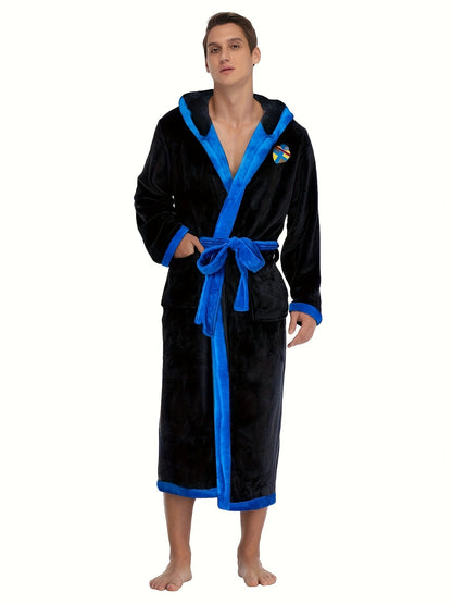 Men's Comfy Color Block Flannel Robe Home Letter Embroidered Hooded Pajamas Wear With Pocket & Hair Dry Hat, One-piece Lace Up Kimono Night-robe Warm Sets After Bath