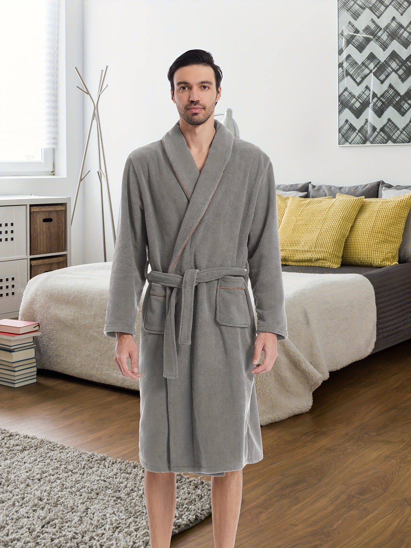 Men's Comfy Plain Color Robe For Home Pajamas Wear Night-robe Sets After Bath