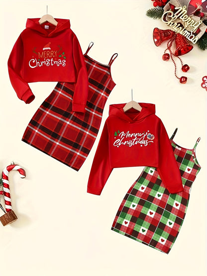 Girls' Festive Christmas Outfit Set - Cozy Hoodie & Plaid Dress with Merry Print, Perfect for Fall/Winter