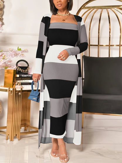 Striking Stripe Print Two-Piece Dress Ensemble - Sleeveless Tube Dress & Chic Long Sleeve Open Front Cardigan Outfit - A Fashion-Forward Must-Have for Womens Closet