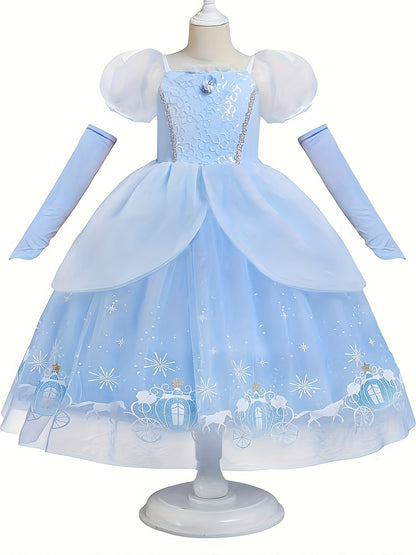 2 Pieces Princess Tutu Dress Set: Dreamy Mesh Short Sleeve Puff Flower Decor Dress + Gloves for Girls, Perfect for Party, Gift, Performance, Carnival, Halloween, and Prom