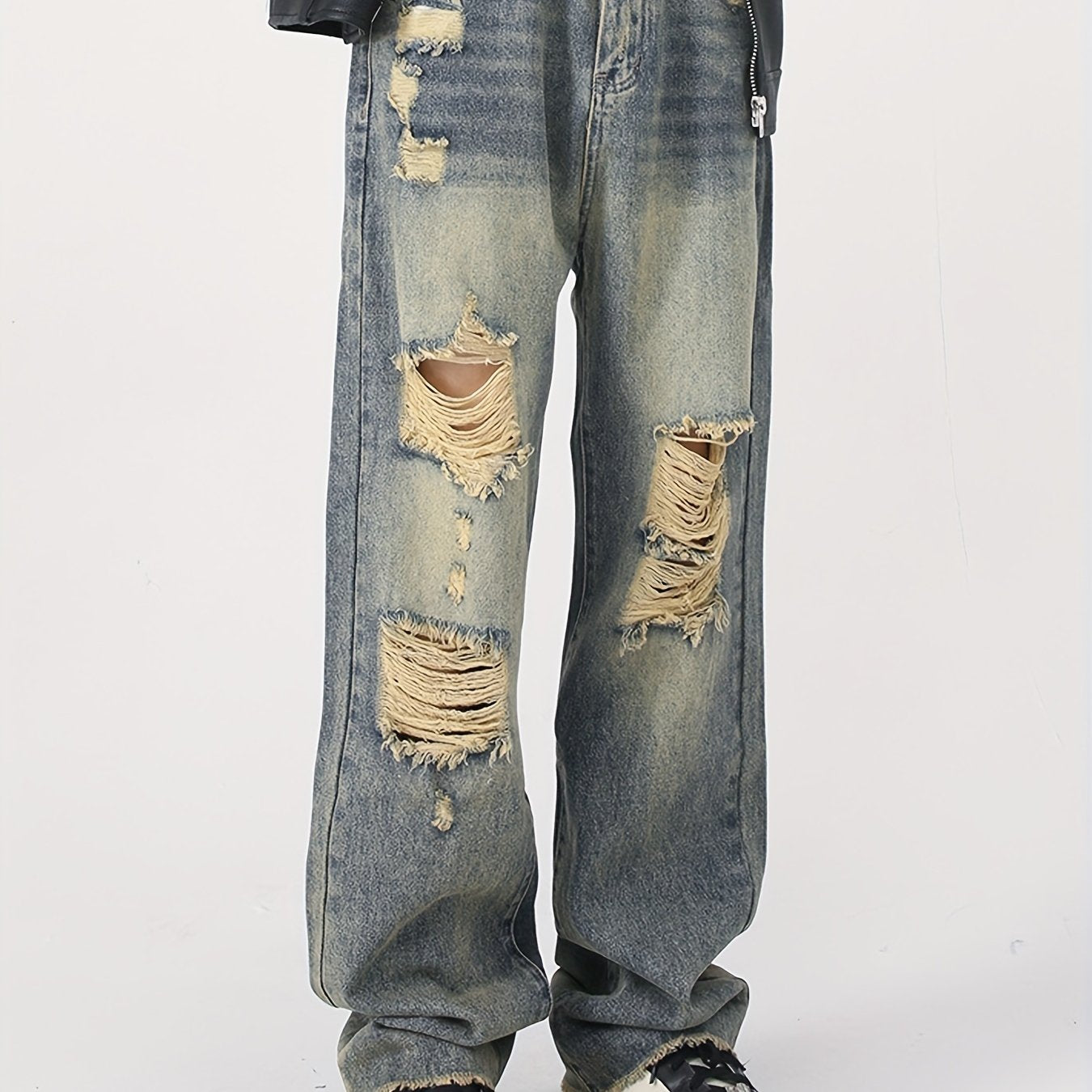 Mens Retro Style Distressed Loose Fit Straight Leg Jeans - High Street Fashion, Washed, Yellowed, Scraped, and Torn Details - Comfortable, Relaxed Pant for Casual Wear