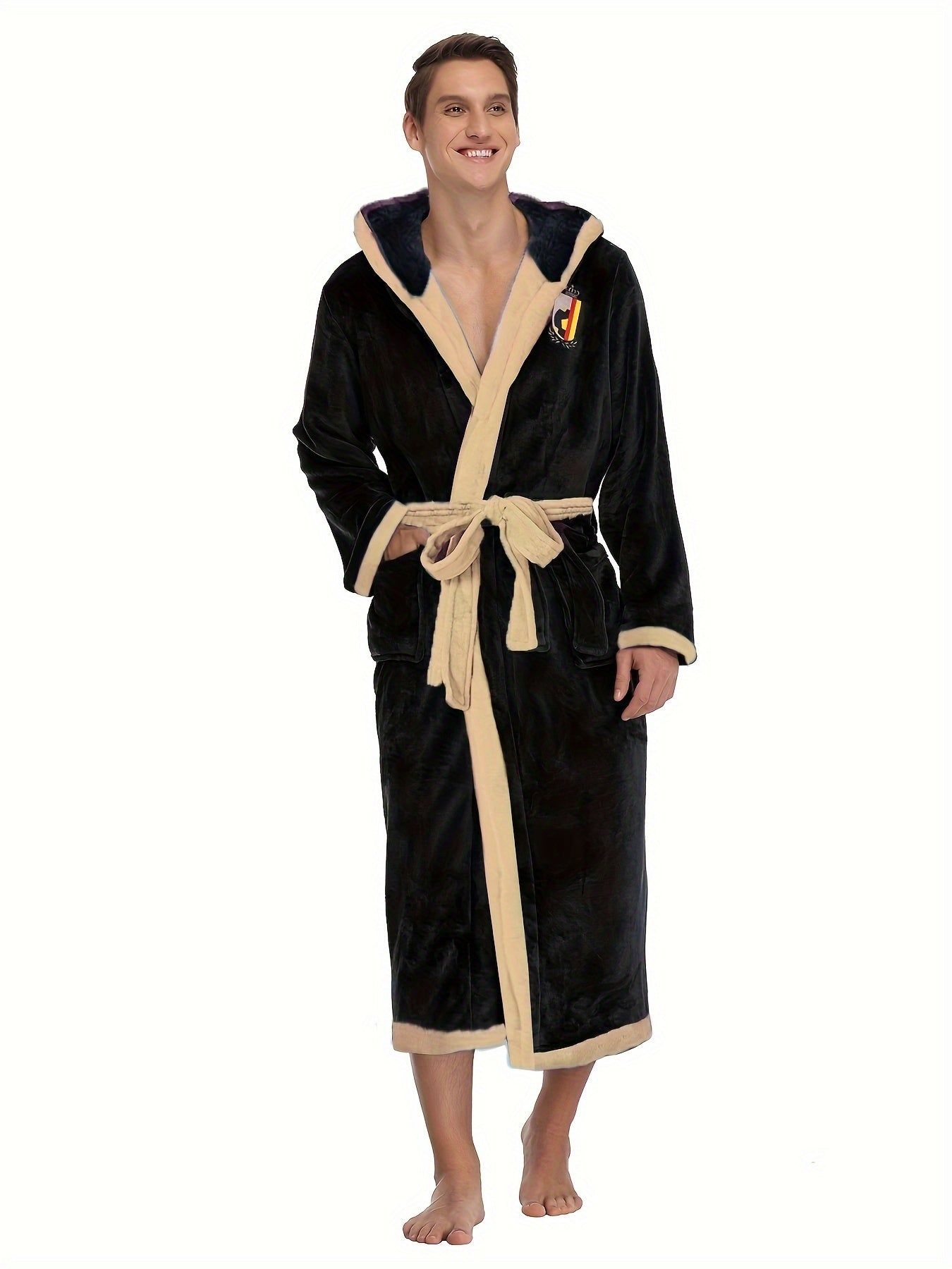 Men's Comfy Color Block Flannel Robe Home Letter Embroidered Hooded Pajamas Wear With Pocket & Hair Dry Hat, One-piece Lace Up Kimono Night-robe Warm Sets After Bath