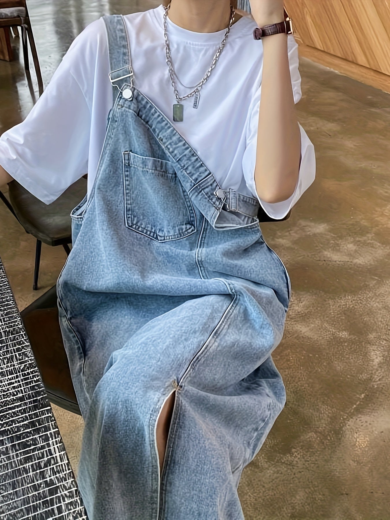 Plain Washed Blue Adjustable Strap Loose Fit Retro Casual Style Denim Overall Dress, Women's Denim Jeans & Clothing