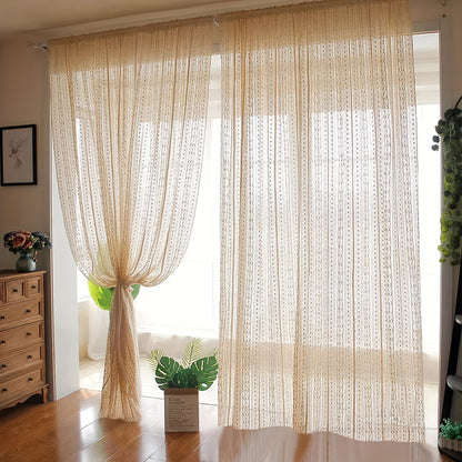 1-Panel Japanese Style Hollow Striped Sheer Curtain - Exquisite Crochet Style Argyle Pattern Design with Delicate Textures, Rod Pocket Curtain for Easy Installation and Smooth Sliding, Simple yet Elegant Design - Perfect for Adding a Touch of Elegance to