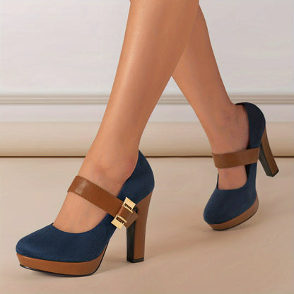 Chic Womens Pumps - Round Toe & Block Heel with Buckle, Vintage-Inspired High-Heeled Shoes for Evening Wear