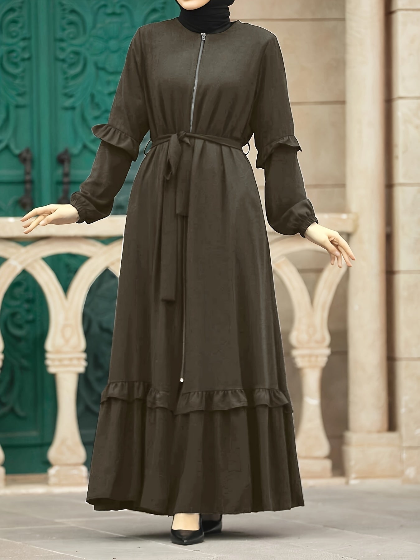 Elegant Modest Maxi Kaftan Dress - Long Sleeve, Tie-Waist with Chain Detail, Zip-Front, Durable All-Season Women's Fashion