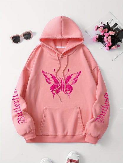 Chic Butterfly & Letter Graphic Hoodie - Comfy Drawstring Design with Kangaroo Pocket, Versatile Casual Wear for Women