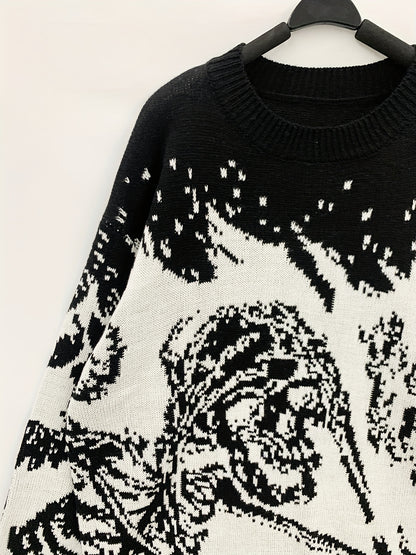 Plus Size Mens Fashionable Skeleton Print Knit Sweater - Eye-Catching Animal Design for Spring, Fall, and Winter - K-pop Inspired Style