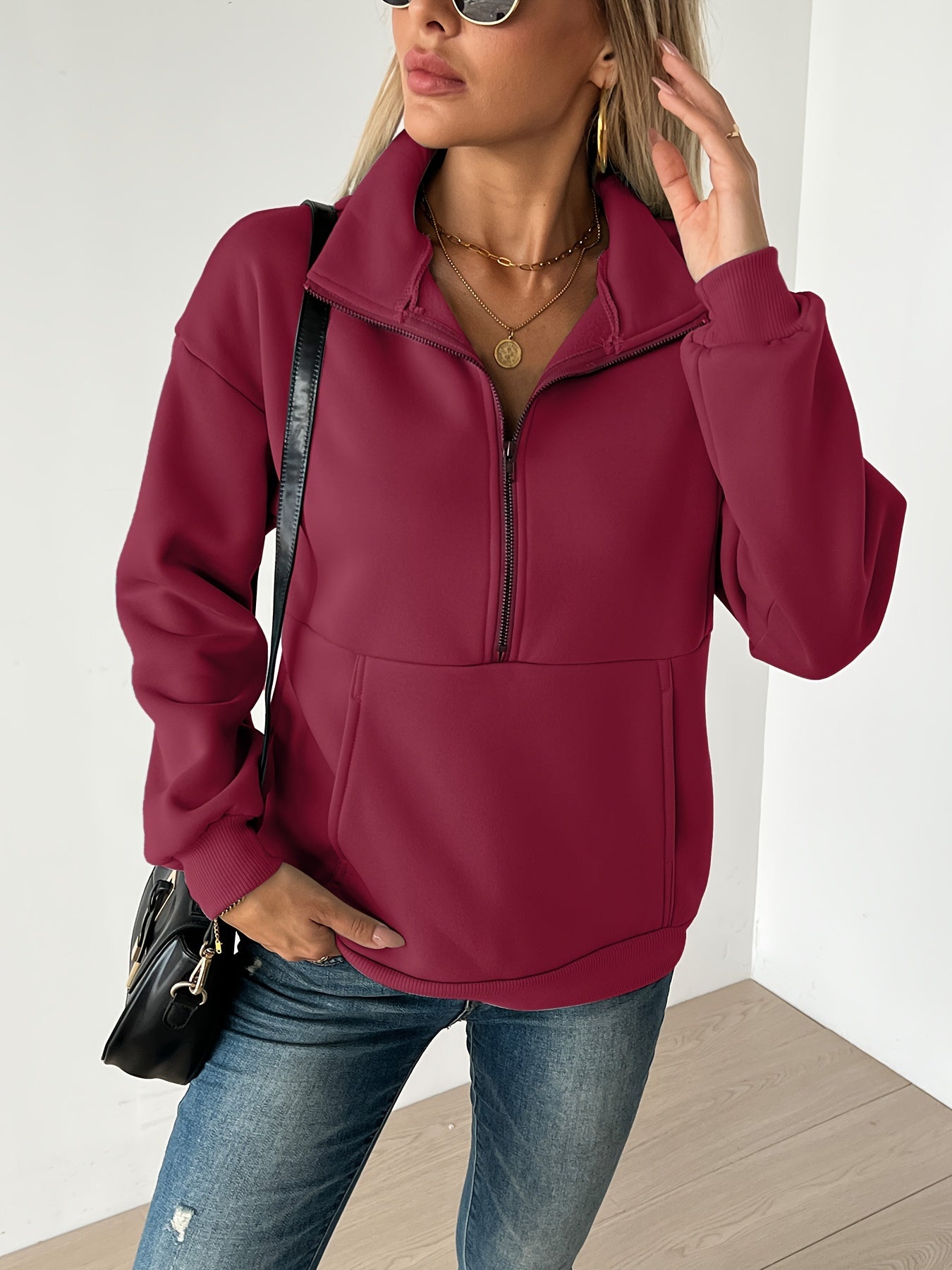 Cozy Solid Half-Zip Pullover Sweatshirt - Soft, Casual, Long Sleeve, Kangaroo Pocket, Fall & Winter Essential - Women's Comfortable Clothing for Chilly Days