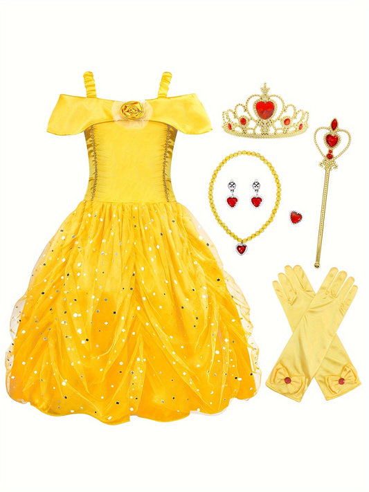 Enchanting Layered Shoulder Princess Dress Set - Complete with Accessories - Perfect for Birthday and Mardi Gras Celebrations