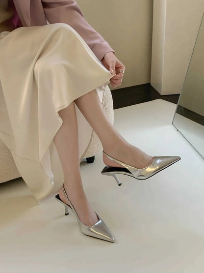 Sandals Elegant Low Heeled Sandals Women Kitten Heels Spring Summer Gold Pumps Pointed Toe Wedding Office Ladies Shoes Slingback LAKESHIL464