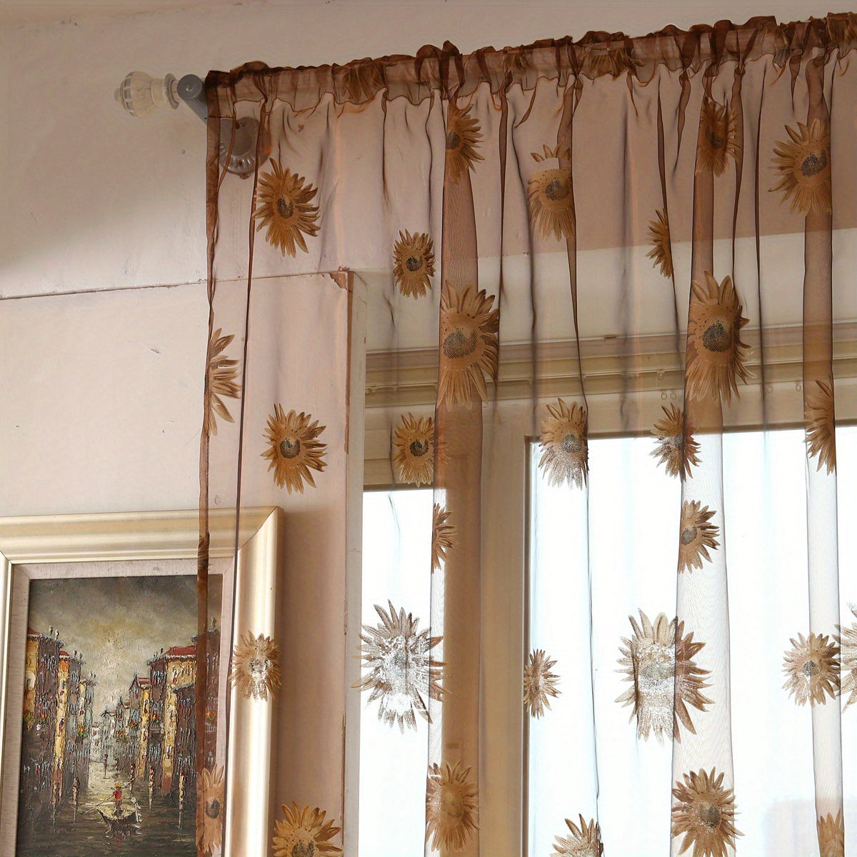 Brighten Up Any Room with This Sunflower Sheer Curtain - Light-Filtering, Rod Pocket Design, Perfect for Living Room, Bedroom, Kitchen - 1pc