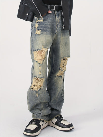 Mens Retro Style Distressed Loose Fit Straight Leg Jeans - High Street Fashion, Washed, Yellowed, Scraped, and Torn Details - Comfortable, Relaxed Pant for Casual Wear