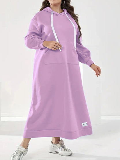 Plus Size Solid Hooded Sweatshirt Dress, Casual Long Sleeve Drawstring Kangaroo Pocket Maxi Dress For Fall & Winter, Women's Plus Size Clothing