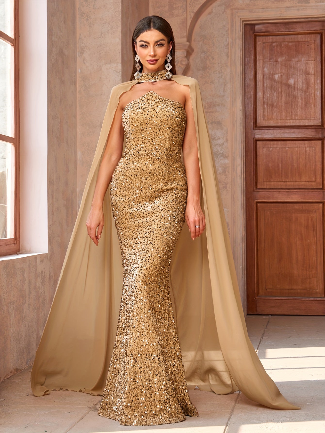 Long Sequin Mermaid Bodycon Dress - Elegant Strapless Backless Floor Length Cloak Panel Design, Micro Elasticity, Solid Color, Customized for Womens Party & Banquet