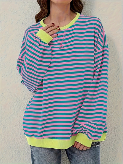 Cozy Striped Drop Shoulder Pullover Sweatshirt - Soft, Casual, Long Sleeve, Crew Neck, Fall & Winter Essential - Women's Comfortable Clothing for Chilly Days