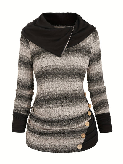 Cozy Striped Hooded Sweatshirt - Soft Mid-Elasticity Polyester, Machine Washable, Elegant Casual Long Sleeve Ruched Design, Perfect for Fall/Winter - Womens Stylish Knit Fabric Clothing