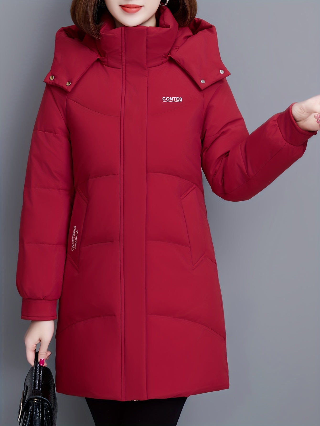 Elegant Thickened Long Hooded Slim-Fit Age-Reducing Polyester Coat Warm Solid Color with Zipper for Winter