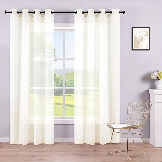 2pc White Semi- Sheer Curtains For Living Room, Bedroom, And Kitchen Soft Voile Tulle Window Curtain With Grommet Top For Living Room Office Home Decor