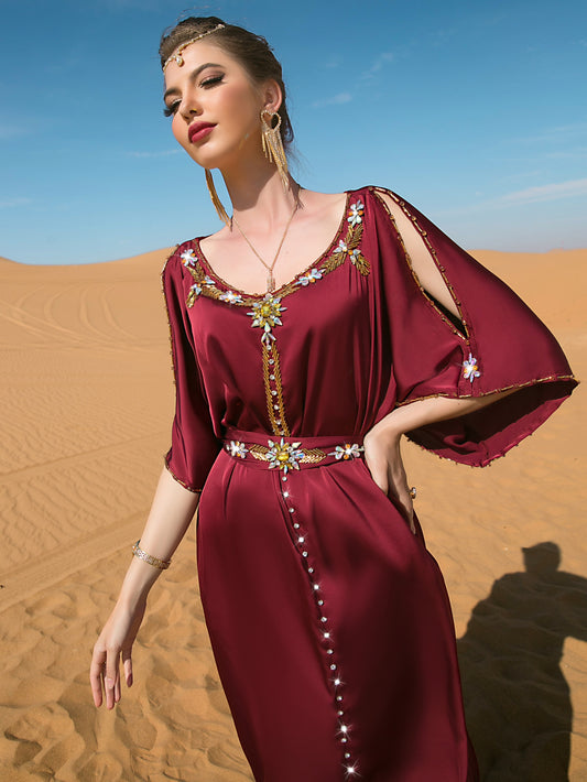 Glittering Rhinestoned Ramadan Abayas - Crew Neck Belted Maxi Dress with Split Cut Out Flare Sleeves - Perfect for Elegant Party Wear