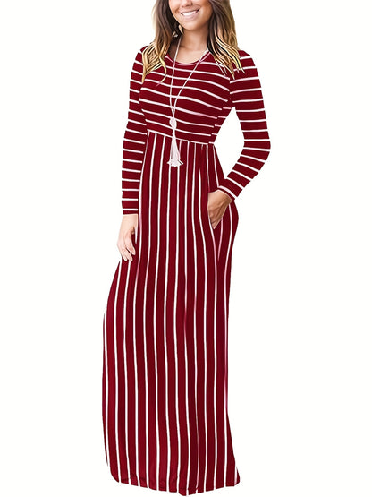 Fall/Winter Chic: Cozy Geometric High-Waist Maxi Dress with Crew Neck, Long Sleeves - Durable & Easy-Care, Perfect for Daily Wear