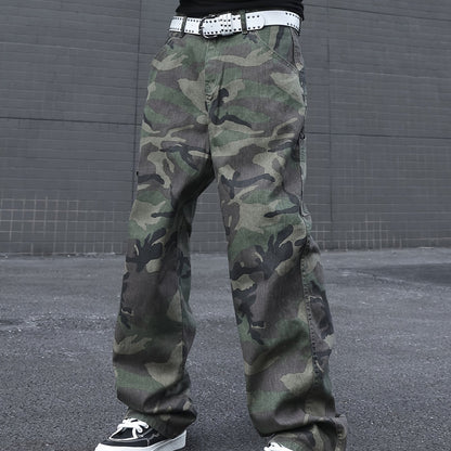 Men's Casual Camouflage Print Denim Jeans, Loose Fit Comfy Pants For Outdoor Activity