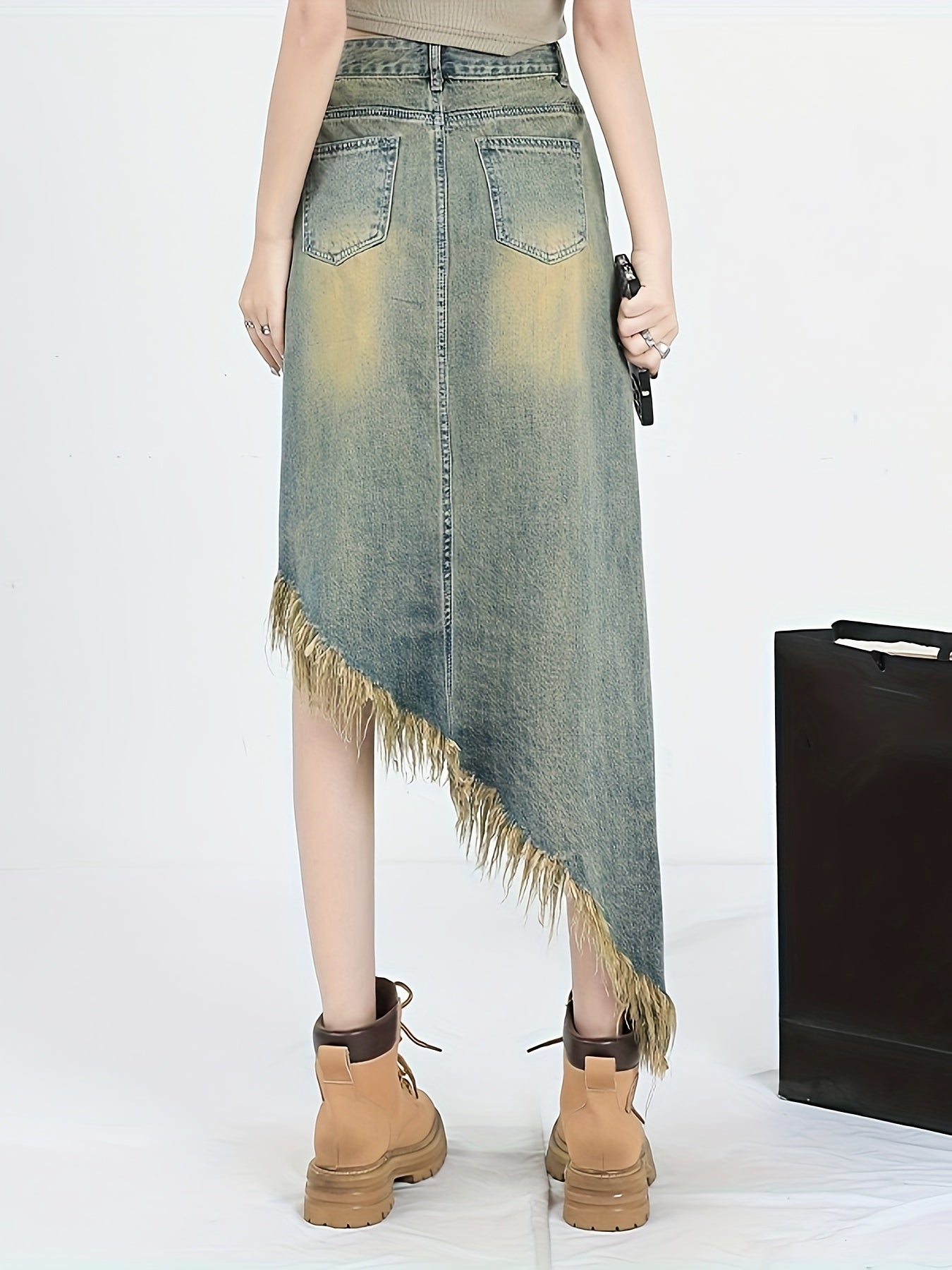 Asymmetric Raw Hem Distressed Washed High Rise Stylish Midi Denim Skirt, Women's Denim Jeans & Clothing