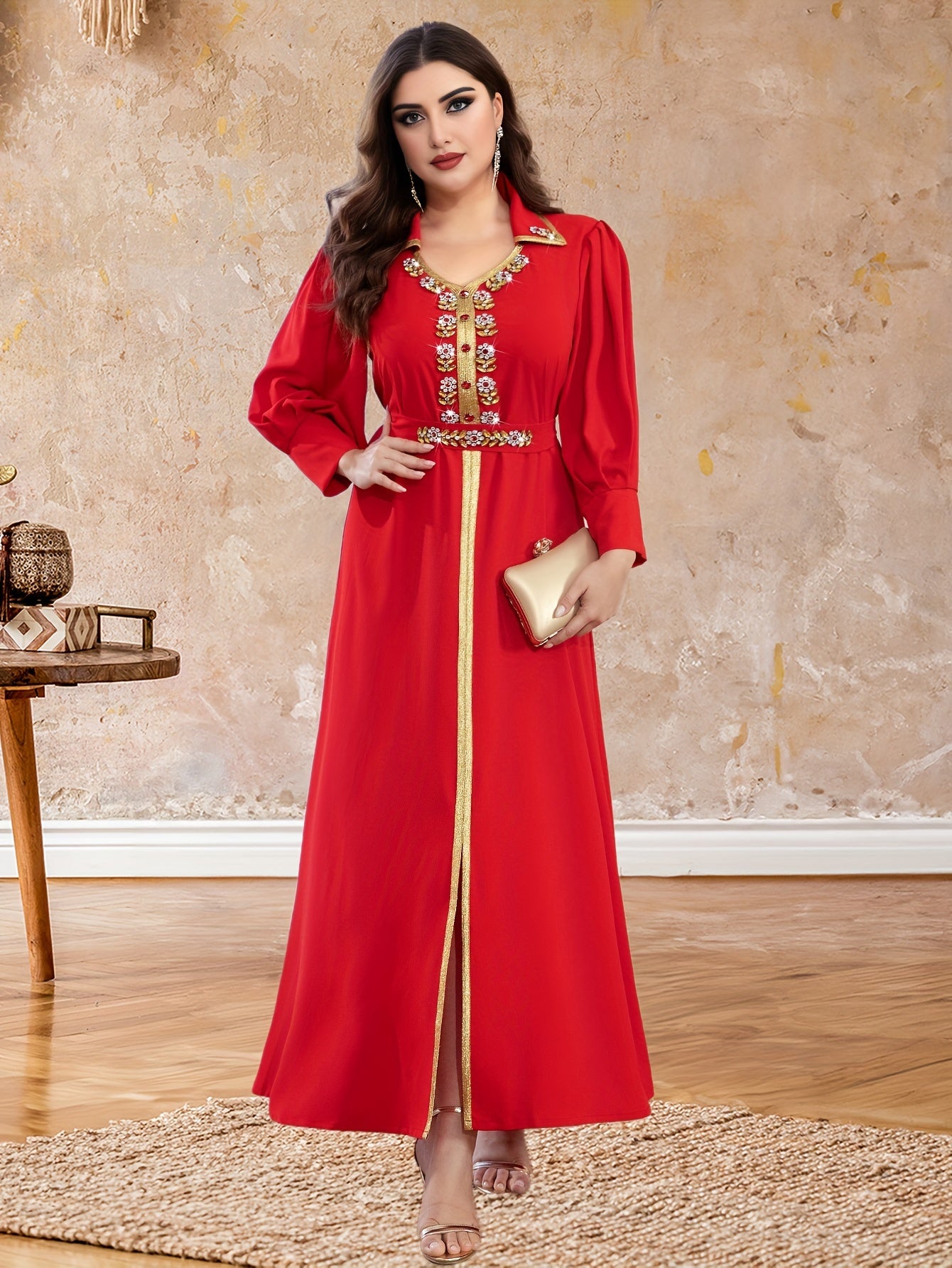 Glamorous Rhinestone V Neck Kaftan Maxi Dress - Sparkling Long Sleeve Split Design - Elegant Evening Wear for Women