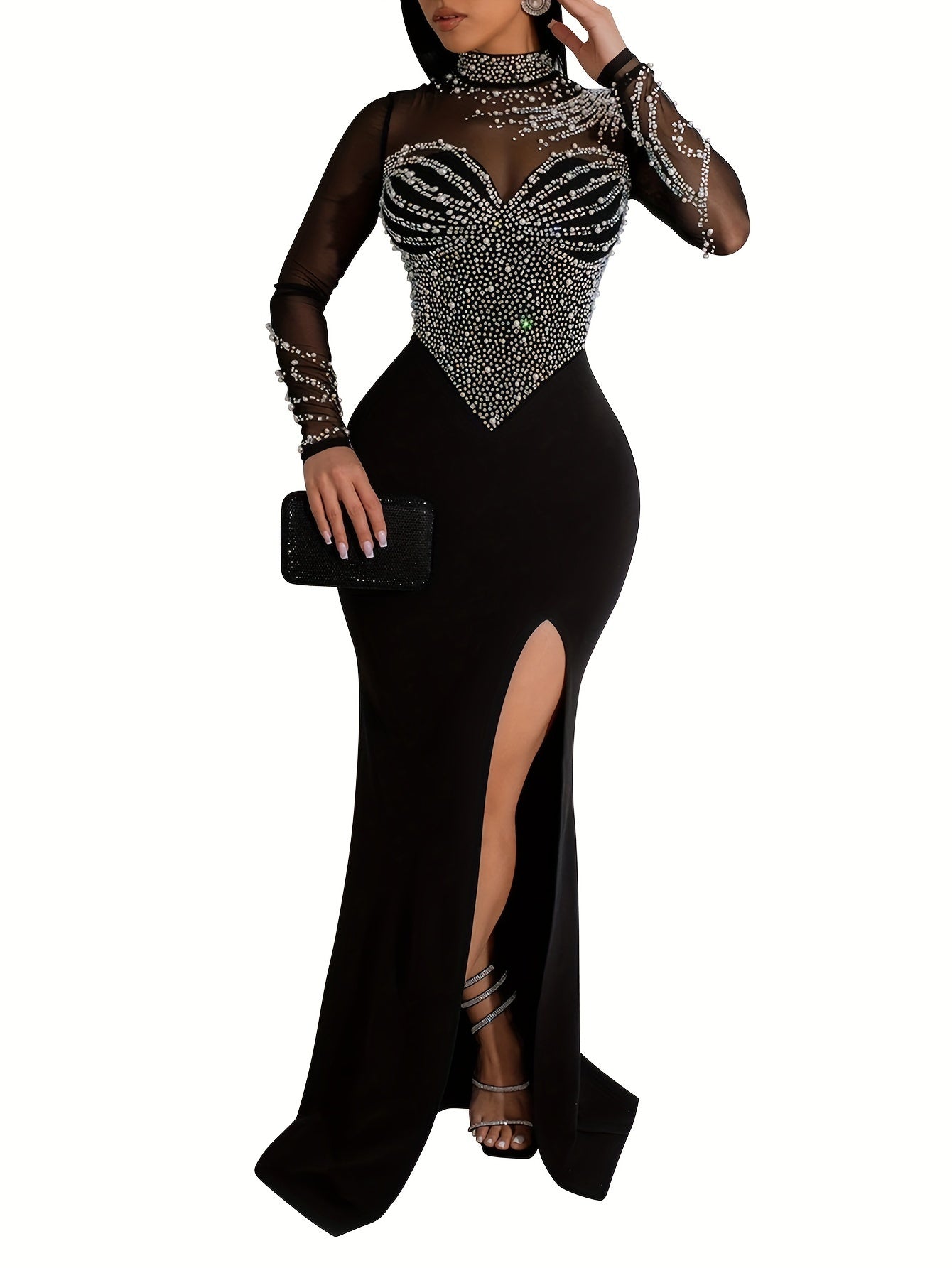 IKEARLAX Long Sleeve Rhinestone Bodycon Dress - Dazzling Embellishments, Flattering Mock Slit, Elegant Mesh Splicing - Perfect for Womens Formal Events, Parties, and Banquets