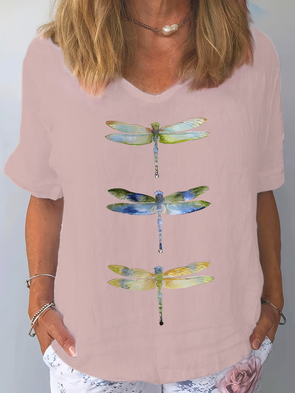 Vibrant Dragonfly Cartoon Print V-Neck T-Shirt - Soft Cotton, Relaxed Fit, Casual Short Sleeve Top for Women - Perfect for Spring and Summer